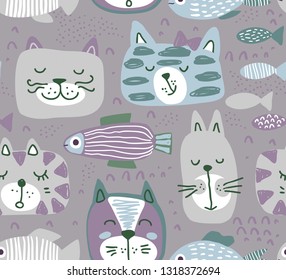 Vector seamless pattern with hand drawn colorful cat faces and graphic fishes. Fabric design, endless print for children.