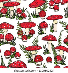 Vector seamless pattern with hand drawn poisonous wild fungus Amanita. Ink drawing, graphic style. Beautiful design elements.