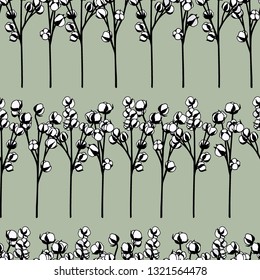 Vector seamless pattern with hand drawn cotton flowers. Beautiful floral design, ink drawing.