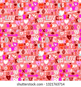 Vector seamless pattern with hand drawn hearts and words love for Valentine day. Background with doodle hearts, lettering. Hand drawn vector doodle Valentines background. Love letters texture in pink