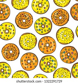 Vector seamless pattern with  hand drawn delicious donuts. Ink drawing, beautiful food design elements.