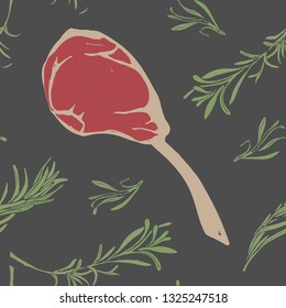 Vector seamless pattern with hand drawn raw beef rib and rosemary branches. Engraved pattern design with spices and meat cuts for steak house, restaurant and farm market packaging on gray background.