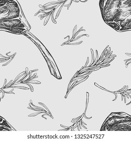 Vector seamless pattern with hand drawn raw beef rib and rosemary branches. Engraved pattern design with spices and meat cuts for steak house, restaurant and farm market packaging on gray background.