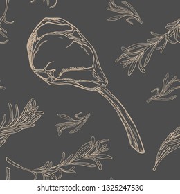 Vector seamless pattern with hand drawn raw beef rib and rosemary branches. Engraved pattern design with spices and meat cuts for steak house, restaurant and farm market packaging on gray background.