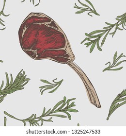 Vector seamless pattern with hand drawn raw beef rib and rosemary branches. Engraved pattern design with spices and meat cuts for steak house, restaurant and farm market packaging on gray background.