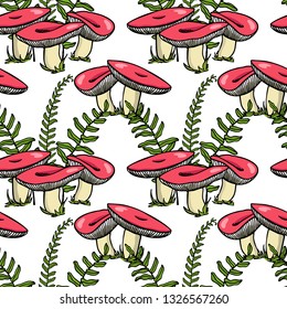 Vector seamless pattern with hand drawn wild mushrooms with fern leaves. Ink drawing, beautiful food design elements.