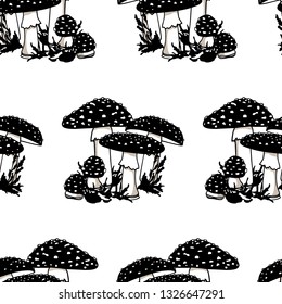 Vector seamless pattern with hand drawn poisonous wild fungus Amanita. Ink drawing, graphic style. Beautiful design elements.