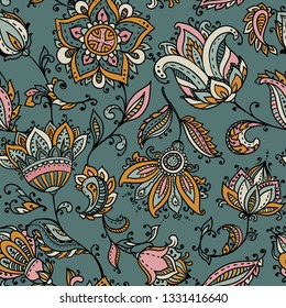 Vector seamless pattern with hand drawn paisley floral elements. Beautiful colorful endless background in oriental indian style in bright colors