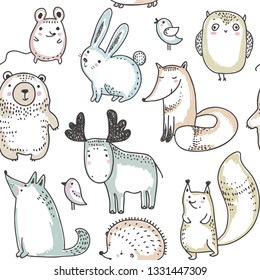Vector seamless pattern with hand drawn wild forest animals, trees, flowers, mushrooms on the white background. Illustration for cards, invitations, baby shower, preschool and children room decoration