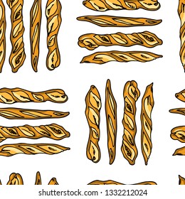 Vector seamless pattern with hand drawn traditional French baguettes. Ink drawing, graphic style. Beautiful food design elements, perfect for prints and patterns