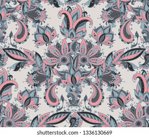 Vector seamless pattern with hand drawn paisley floral elements. Beautiful colorful endless background in oriental indian style in bright colors.