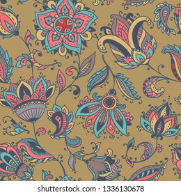 Vector seamless pattern with hand drawn paisley floral elements. Beautiful colorful endless background in oriental indian style in bright colors