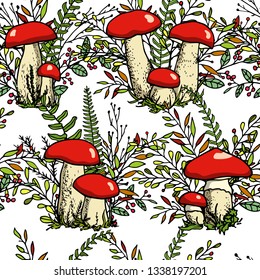 Vector seamless pattern with hand drawn wild mushrooms with fern leaves and forest plants. Ink drawing, beautiful food design elements.