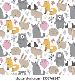 Vector seamless pattern with hand drawn wild forest animals on the white background. Illustration for cards, invitations, baby shower, preschool and children room decoration