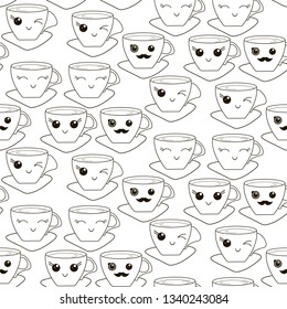 Vector seamless pattern with hand drawn kawaii cup. Black contour on a white background.