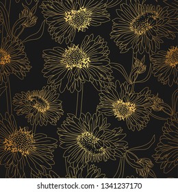 Vector seamless pattern with hand drawn chamomiles blooming flowers. Golden shiny texture. Black background with golden flowers.