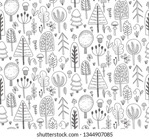 Vector seamless pattern with hand drawn forest trees, plants, flowers, mushrooms. Illustration for cards, invitations, baby shower, preschool and children room decoration