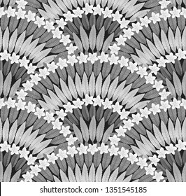 Vector Seamless pattern of hand drawn monochrome tropical  Plumeria white flowers and grey leaves on a dark black background. Wallpaper, Wrapping paper, Hawaii print