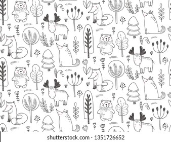Vector Seamless Pattern With Hand Drawn Wild Forest Animals, Trees, Flowers, Mushrooms On The White Background. Illustration For Cards, Invitations, Baby Shower, Preschool And Children Room Decoration