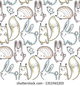 Vector seamless pattern with hand drawn wild forest animals, trees, flowers, mushrooms on the white background. Illustration for cards, invitations, baby shower, preschool and children room decoration
