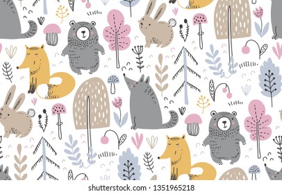 Vector seamless pattern with hand drawn wild forest animals, trees, flowers, mushrooms on the white background. Illustration for cards, invitations, baby shower, preschool and children room decoration