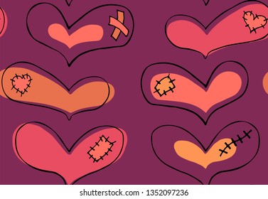 Vector seamless pattern of hand drawn coral, pink, beige hearts with black stroke and plaster, scar and patch in doodling style on violet background