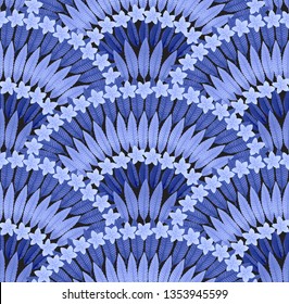 Vector Seamless pattern of hand drawn tropical  Plumeria flowers and indigo blue leaves on a black background. Shabby chic Wallpaper, Wrapping paper, textile print
