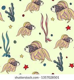 vector seamless pattern with hand drawn doodle fish and algae.design with seafood for paper, wrapping, fabrics. children background with animals under water