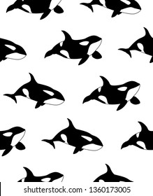 Vector seamless pattern of hand drawn killer whale swimming on white background