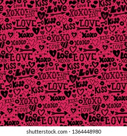 Vector seamless pattern with hand drawn hearts and words love for Valentine day. Background with doodle hearts, lettering. Hand drawn vector doodle Valentines background. Love letters texture in pink