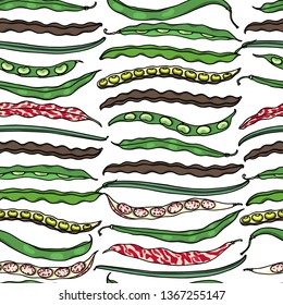 Vector seamless pattern with hand drawn various bean pods. Beautiful food design elements, ink drawing, perfect for prints and patterns