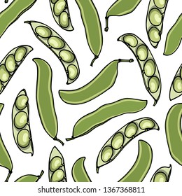 Vector seamless pattern with hand drawn Lima bean pods. Beautiful food design elements, ink drawing, perfect for prints and patterns