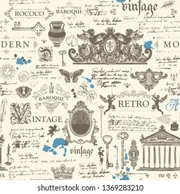 Vector seamless pattern, hand drawn background on the theme of vintage art objects, furniture and Antiques in retro style. Wallpaper, wrapping paper, textile, fabric or background for clothes