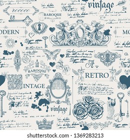 Vector seamless pattern, hand drawn background on the theme of vintage art objects, furniture and Antiques in retro style. Wallpaper, wrapping paper, textile, fabric or background for clothes