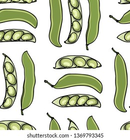 Vector seamless pattern with hand drawn Lima bean pods. Beautiful food design elements, ink drawing, perfect for prints and patterns