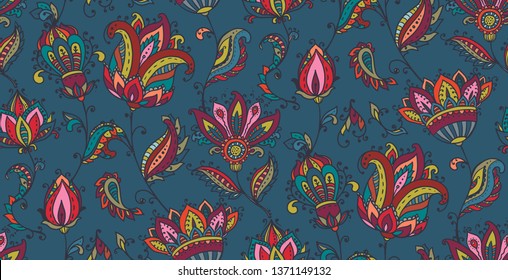 Vector seamless pattern with hand drawn paisley floral elements. Beautiful colorful endless background in oriental indian style in bright colors