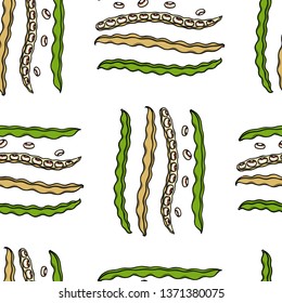 Vector seamless pattern with hand drawn black-eyed pea pods. Beautiful food design elements, ink drawing, perfect for prints and patterns