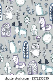 Vector seamless pattern with hand drawn wild forest animals, trees, flowers, mushrooms. Illustration for cards, invitations, baby shower, preschool and children room decoration