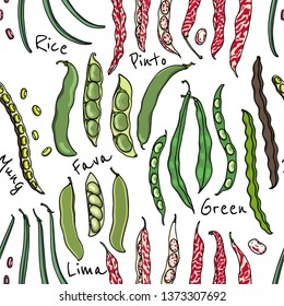 Vector seamless pattern with hand drawn various bean pods. Beautiful food design elements, ink drawing, perfect for prints and patterns