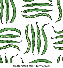 Vector seamless pattern with hand drawn green bean pods. Beautiful food design elements, ink drawing, perfect for prints and patterns