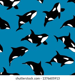 Vector seamless pattern of hand drawn killer whale swimming on blue background