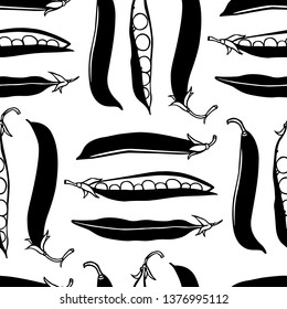 Vector seamless pattern with hand drawn green pea pods. Beautiful food design elements, ink drawing perfect for prints and patterns