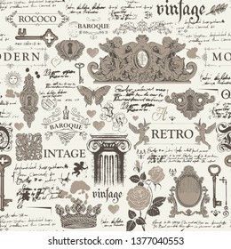 Vector seamless pattern, hand drawn background on the theme of vintage art objects, furniture and Antiques in retro style. Wallpaper, wrapping paper, textile, fabric or background for clothes
