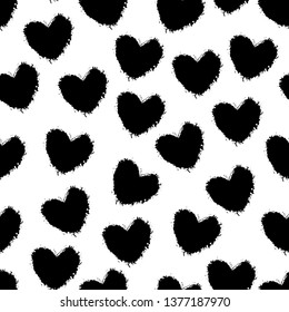 Vector seamless pattern with hand drawn black painted hearts. Abstract geometric doodle grunge texture for print, paper, design, fabric, decor, gift wrap, backgrounds. Vector illustration