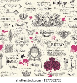 Vector seamless pattern, hand drawn background on the theme of vintage art objects, furniture and Antiques in retro style. Wallpaper, wrapping paper, textile, fabric or background for clothes