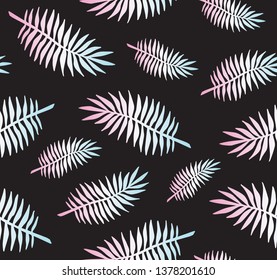 Vector seamless pattern of hand drawn doodle sketch holographic palm tree leaves isolated on black background 