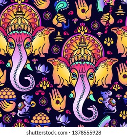 Vector seamless pattern of hand drawn Hindu God Ganesha and Indian symbols isolated on blue background. Beautiful Ornament of Ganesh. Bright festive Vector illustration.