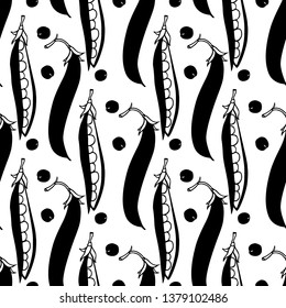Vector seamless pattern with hand drawn green pea pods. Beautiful food design elements, ink drawing perfect for prints and patterns