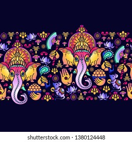 Vector seamless pattern of hand drawn Hindu God Ganesha and Indian symbols. Beautiful Ornament of Ganesh in strip shape isolated on dark blue. Bright festive Vector illustration.