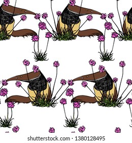 Vector seamless pattern with hand drawn cute anteaters in pink flowers. Beautiful ink drawing, sketch style. Perfect for prints and patterns